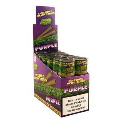 Expositor de cones de cânhamo roxo Cyclones Hemp Cones Purple com aviso de saúde em alemão