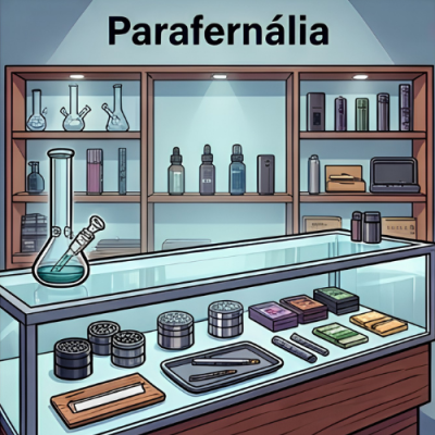 Vitrine de loja com parafernália para fumar e acessórios exibidos sob sinal com texto Paraferrnália.