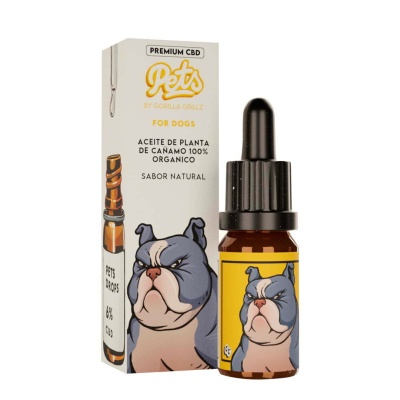 Garrafa de aceite de cânhamo para cães com embalagem branca e rótulo amarelo, desenho de cachorro.