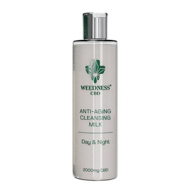Frasco branco com tampa prateada de leite de limpeza anti-idade Weedness CBD