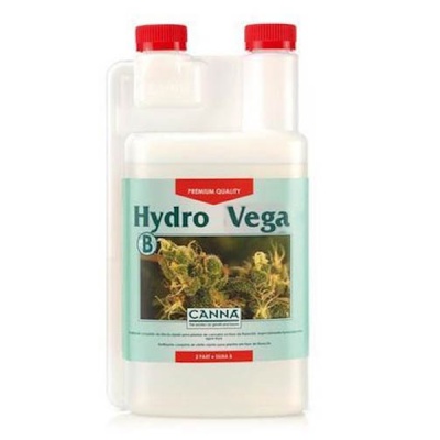 Frasco plástico branco Hydro Vega B com tapa vermelha e rótulo azul claro com imagem de planta
