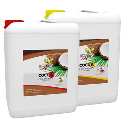 Duas embalagens plásticas brancas com rótulos Hy-Pro Coco A e Coco B