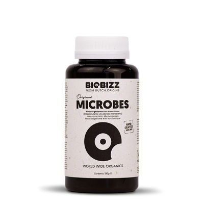 Frasco plástico preto com tampa branca de suplemento orgânico Microbes da BioBizz.