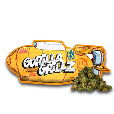 Embalagem amarela em forma de ogiva com texto GORILLA GRILLZ e flores de cannabis