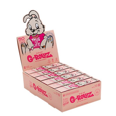 Caixa expositora rosa com embalagens de papel G-Rollz Amsterdam com coelho cinzento