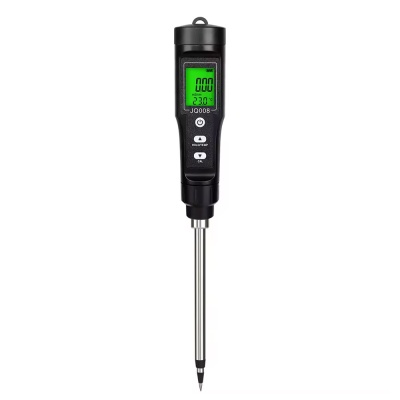 Medidor digital preto com ecrã verde, modelo JQ008 e haste metálica.