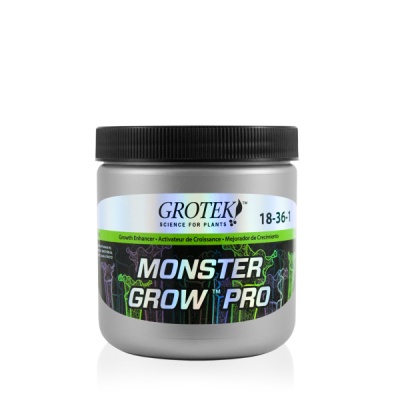 Frasco cinza com tampa preta e rótulo colorido de produto para plantas Monster Grow Pro