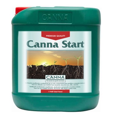 Recipiente verde de fertilizante Canna Start com imagem de crescimento de plantas na etiqueta