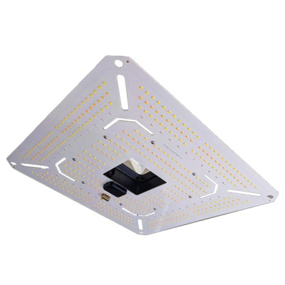 Painel LED quadrado com muitos pequenos LEDs amarelos em base branca e componente preto central