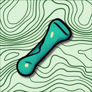 Objeto azul em forma de osso sobre fundo branco com linhas verdes