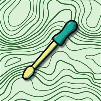 Ilustração animada de um conta-gotas sobre fundo verde claro com linhas onduladas verdes.