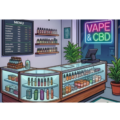 Loja de vape com balcão de vidro e letreiro VAPE & CBD em néon