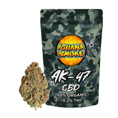 Embalagem camuflada de CBD AK-47 da Iguana Smoke com flor de cânhamo
