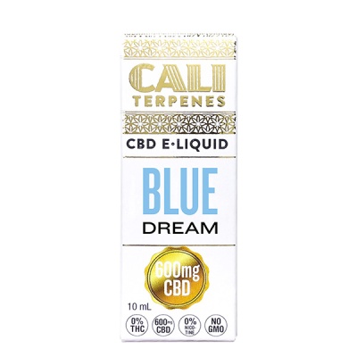 Embalagem branca de e-liquid CBD Blue Dream com texto em dourado e azul