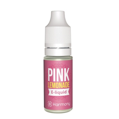 frasco de e-liquid rosa com tampa branca e texto Pink Lemonade E-liquid Harmony