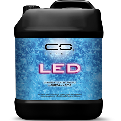 Frasco preto com etiqueta azul e texto CO2 EFFECT LED
