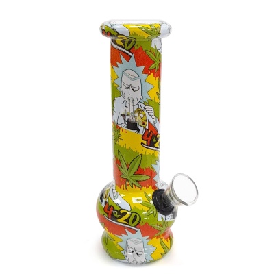 Bong de vidro colorido com folhas de cannabis e personagens de desenho animado