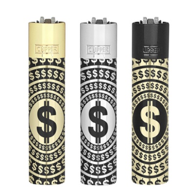 Três isqueiros Clipper com símbolos de dólar em dourado, prateado e preto.