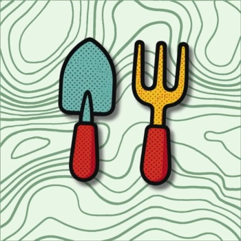 Conjunto de ferramentas de jardinagem ilustradas sobre fundo com linhas verdes