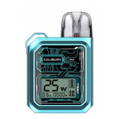 Dispositivo de vape azul metálico com ecrã digital e texto CALIBURN GK3 POD SYSTEM