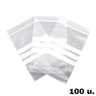 Conjunto de 100 sacos plásticos transparentes com fecho zip e faixas brancas