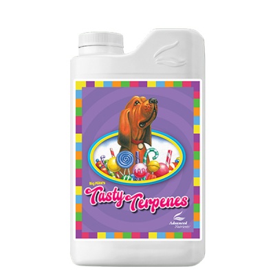 Frasco plástico branco com rótulo colorido com cão e doces e texto Tasty Terpenes