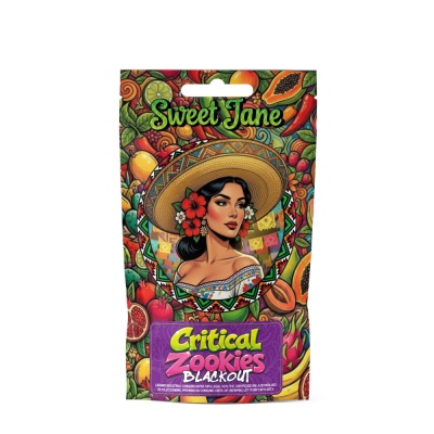 Embalagem colorida com ilustração de mulher com chapéu de palha e flores, texto Sweet Jane e Critical Zookies Blackout