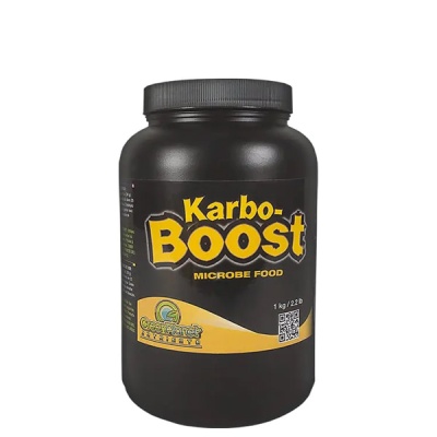 Frasco preto de Karbo-Boost Microbe Food com etiqueta preta e amarela