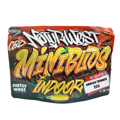 Embalagem colorida com texto NaturWest MINIBLUS INDOOR e etiqueta AMNESIA THUNDER 20G