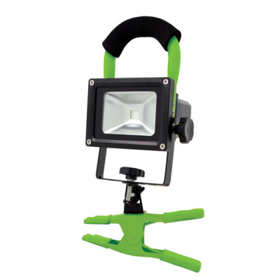 Projetor LED compacto preto com alça e suporte verdes
