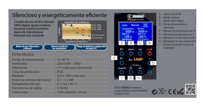 Controlador digital Ccli-mate com display azul e vários botões rotulados em espanhol e português