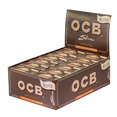 Caixa aberta de cotonetes para enrolar OCB Slim Rolls em embalagem castanha