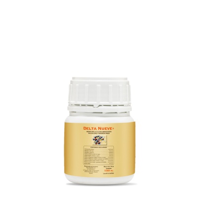 Frasco branco com rótulo amarelo do suplemento DELTA NUEVE