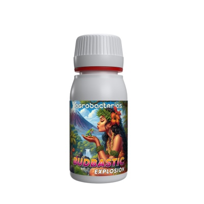 Frasco branco com etiqueta colorida com mulher e lagarto e texto BUDBASTIC EXPLOSION