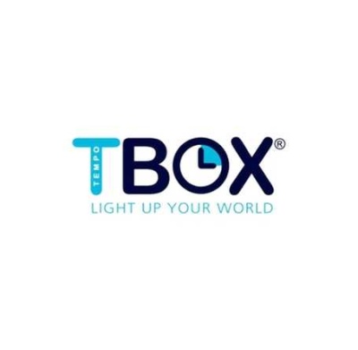 Logótipo TEMPO BOX com relógio e texto promocional