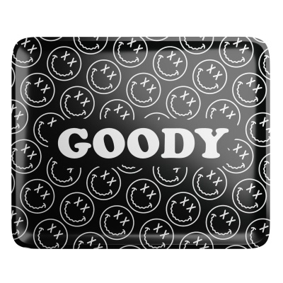 Tabuleiro preto com padrão de caras sorridentes e texto GOODY