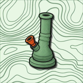 Ilustração de bong verde com bocal laranja sobre fundo com linhas onduladas verdes.