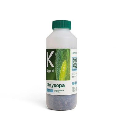 Frasco plástico branco com tampa verde e etiqueta de produto com imagem de folha e inseto