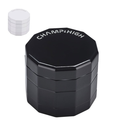 Dois moedores de plástico octogonais, um preto e um branco, com texto CHAMP:HIGH na tampa