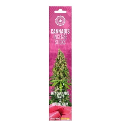 Embalagem rosa de incensos com imagem de planta de cannabis e texto