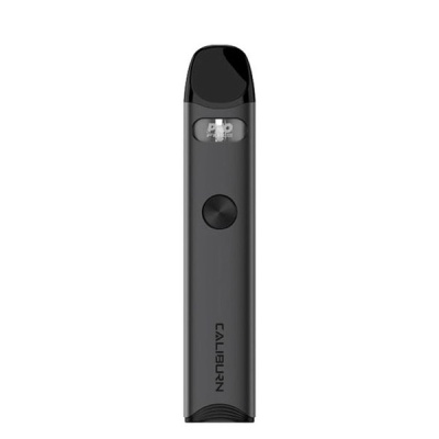 Dispositivo electrónico portátil preto com botão circular e texto CALIBURN