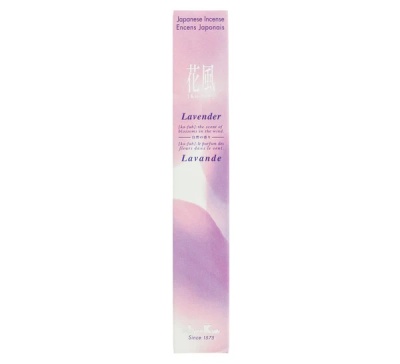 Embalagem rosa e lilás de incenso japonês com texto Lavender e lavande