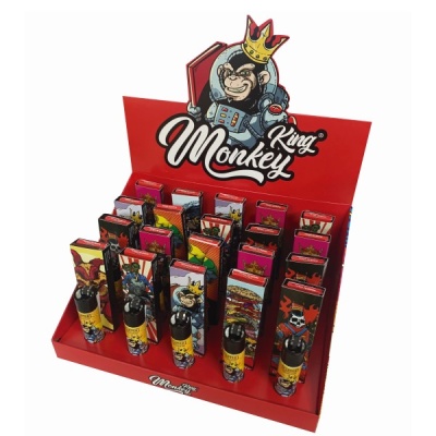 Expositor vermelho com isqueiros King Monkey decorados com ilustrações de macacos e vários desenhos.