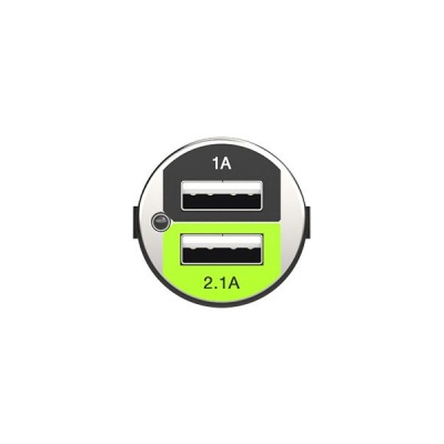 Porta USB dupla metálica com indicações de 1A e 2.1A