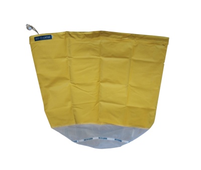 Saco amarelo de tecido com cordão e etiqueta ICE-O-LATOR