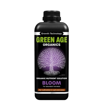 frasco preto de solução nutritiva orgânica GREEN AGE ORGANICS BLOOM com árvore branca e fundo roxo