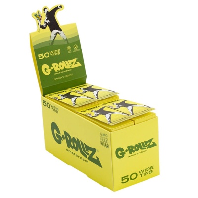 Expositor amarelo com pacotes de Wide Tips G-Rollz Amsterdam com ilustração de graffiti