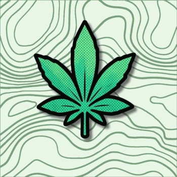 Folha de cannabis estilizada verde sobre fundo com linhas curvas