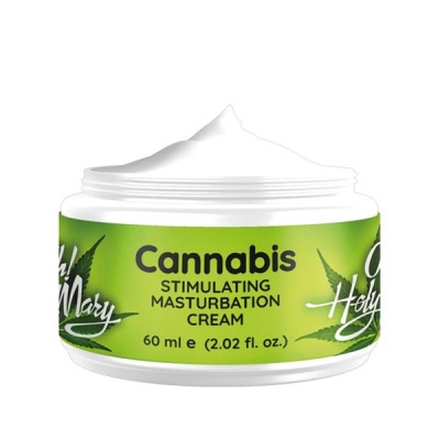 Creme estimulante cannabis em frasco branco com rótulo verde e texto
