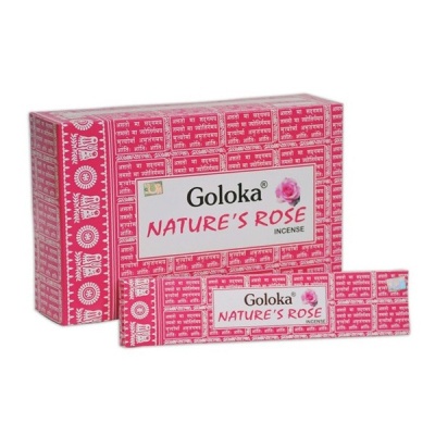 Caixas de incenso Goloka NATURES ROSE rosa e branco com texto e desenho de rosa
